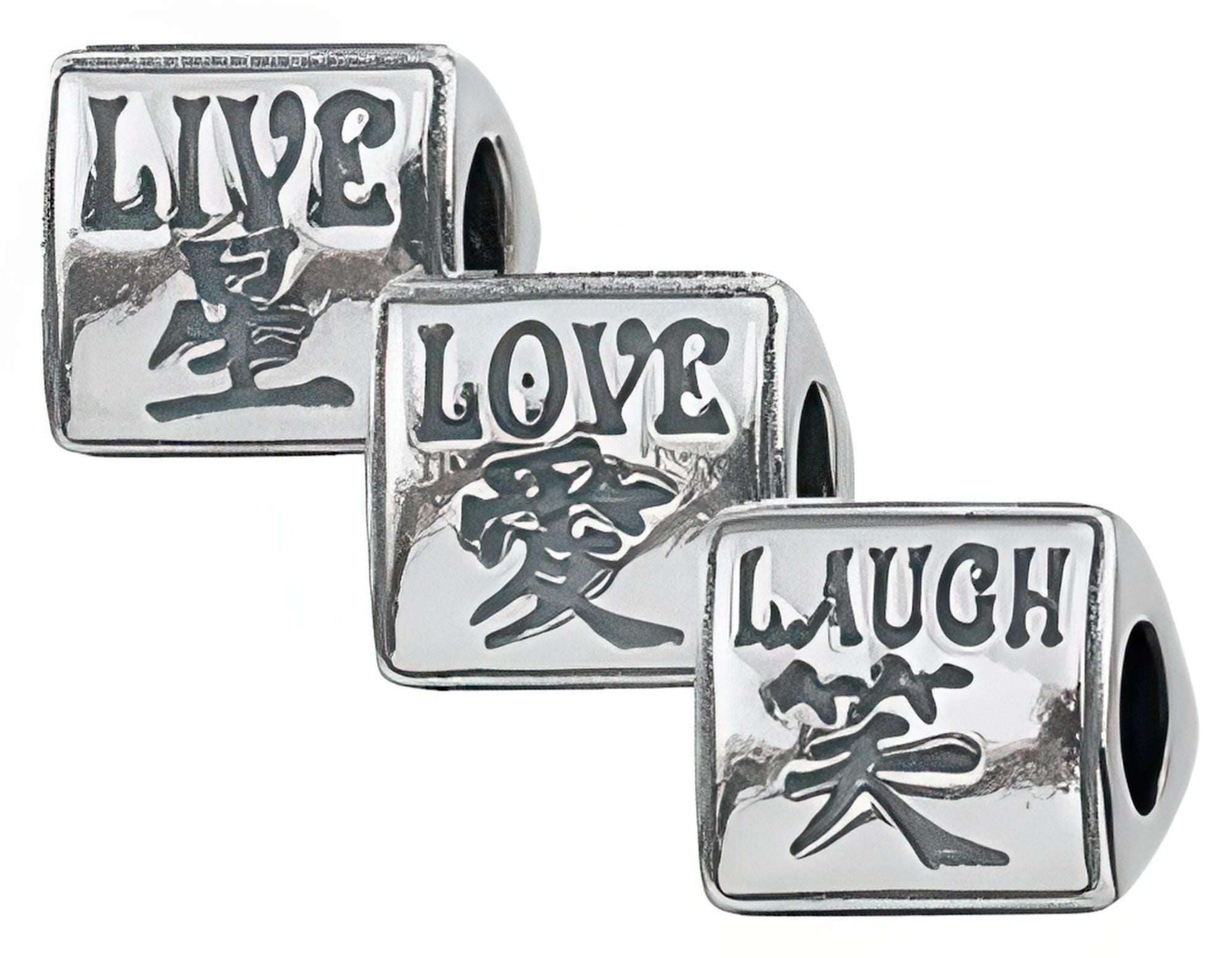 Live Laugh Love Chinese Bead, 3-sided, Real Sterling Silver 