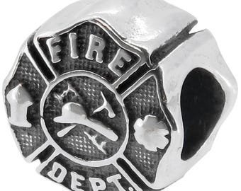 Firefighter Charm Bead, Fits Pandora Bracelets, Zable, Chamilia, European Beads, Fire Department Shield, Real Sterling Silver