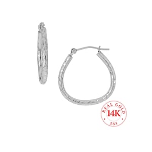 14K White Gold Full Diamond Cut Horseshoe Hoop Earrings, Tarnish Resistant 100% White Gold, Latch Closure, 2mm tube 20mm diameter