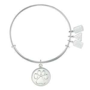 Paw Print Slide Locket Charm Bangle, Rhodium Silver, Alex+Ani Style Photo Charm Bracelet, Pet Lover&#39;s Gifts, Expandable, Personal