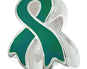 Green Awareness Ribbon Charm Bead, Real Sterling Silver, Zable, Chamilia, European Beads, Fits Pandora Bracelets