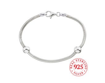 Snake Chain Bracelet for Pandora Charms, Zable Beads, Chamilia, Includes 2 Stoppers, Real Sterling Silver
