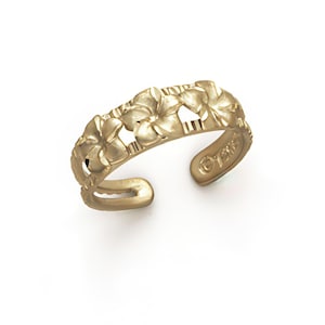14K Solid Gold Plumeria Toe Ring, Satin Diamond Cut, Adjustable, Made in USA, Tarnish Resistant 100% Real Gold