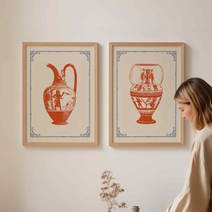 Juego de 2 impresiones de jarrones griegos antiguos / Arte de pared antiguo / vintage / Terracota / Boho / Rústico / Neutro / Beige / Colores otoñales