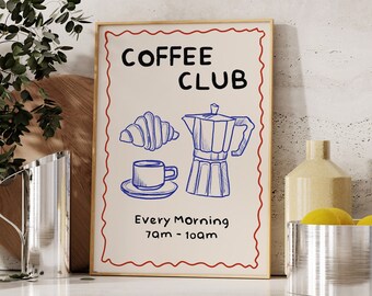 Coffee Club Print, Kitchen Poster, Coffee Lover Gift, Handcrafted Art, Coffee Illustration Print, Kitchen Wall Art