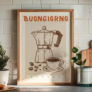 Buongiorno-koffieprint | Retro jaren 70-kleuren | Muurkunst keuken | Oranje en bruin | Handgetekend | Lijntekeningen | Italiaans geïnspireerde kunst