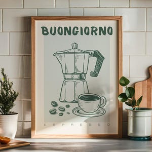 Buongiorno-koffieprint | Muurkunst keuken | Groen | Handgetekend | Lijntekeningen | Italiaans geïnspireerde kunst