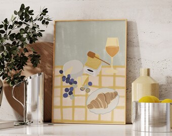 Breakfast Table Art Print | Food Illustration | Croissant, Wine & Cheese | Contemporary Art | Kitchen Poster