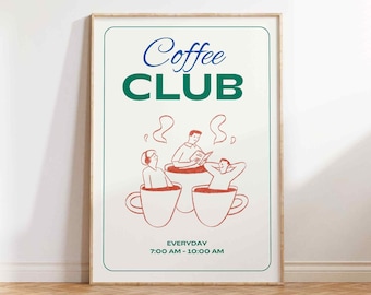 Coffee Club Print, Kitchen Poster, Coffee Lover Gift, Handcrafted Art, Coffee Illustration Print, Kitchen Wall Art