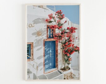 Santorini Travel Print | Pink Floral Mediterranean Wall Art