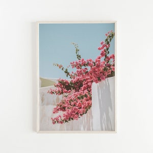 Santorini Print | Mediterranean Art Print | Travel Poster | Photography Print | Summer | Floral Wall Art | Pink Flowers