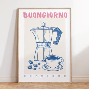 Buongiorno-koffieprint | Muurkunst keuken | Blauw en roze | Handgetekend | Lijntekeningen | Italiaans geïnspireerde kunst