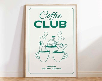 Retro Coffee Club Print | Kitchen Poster |  Coffee Lover Gift | Hand Drawn Art | Coffee Illustration Print | Kitchen Wall Art