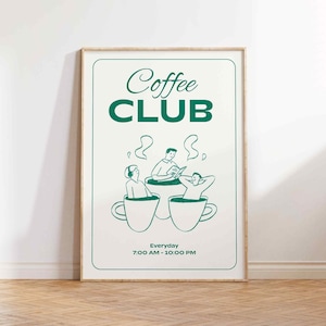 Retro Coffee Club Druck | Küche Poster |  Kaffeeliebhaber Geschenk | Handgezeichnete Kunst | Kaffee Illustration Druck | Küchen Wandkunst
