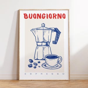 Buongiorno-koffieprint | Muurkunst keuken | Blauw en rood | Handgetekend | Lijntekeningen