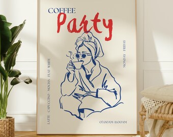 Coffee Party Print | Kitchen Wall Art | Vintage Style | Retro | Blue, Red | Hand Drawn