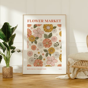 Impresión de mercado de flores beige / Años 70 / Rosa, blanco, beige, verde / Póster botánico / Impresión floral / Arte mural neutro / Colores naturales