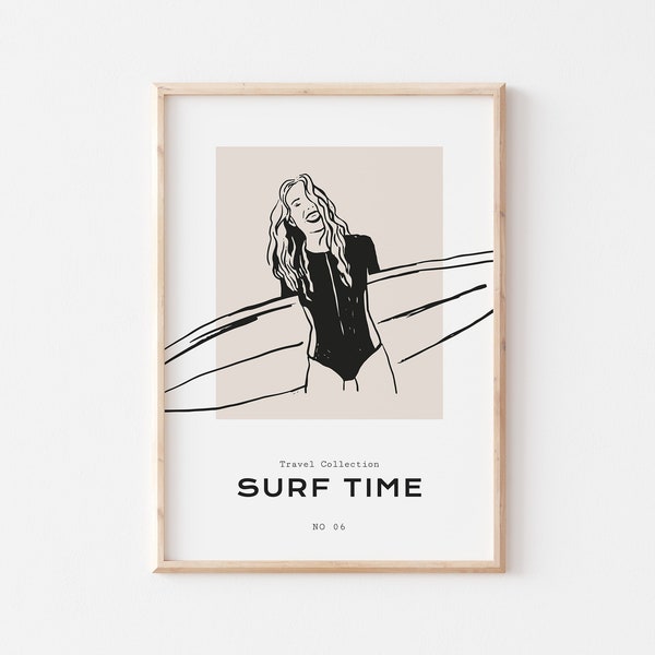Surfer Girl Print | Neutral Wall Art | Scandi | Boho | Minimalistic | Natural Tones | Beige | Ocean Lover Print