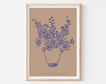 May include: A blue line drawing of a bouquet of flowers in a vase on a brown background. The text "Modern Art Decor - Dahlia - Private Collection" is at the bottom of the image.