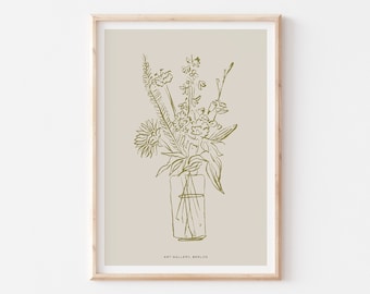 May include: A line drawing of a bouquet of flowers in a vase. The flowers are drawn in a simple, minimalist style, and the vase is clear glass. The drawing is in shades of green on a beige background. The text "ART GALLERY, BERLIN" is at the bottom of the image.
