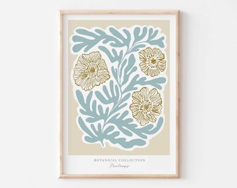 Modern Floral Print | Abstract Botanical Art | Beige and Blue | Neutral Decor | Flower Poster