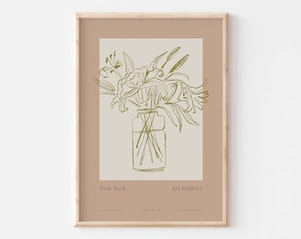 May include: A framed print with a line drawing of a vase of flowers in green on a beige background. The text "New York Art Gallery" is at the bottom of the print.