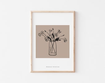May include: A black and white line drawing of a bouquet of flowers in a glass jar on a light brown background. The text "Botanical Collection" is at the bottom of the image.