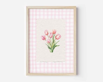 Pink Tulips Gingham Print | Cottage Core Wall Art