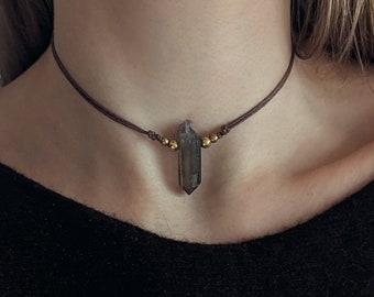 Raw smoky quartz necklace with brass beads gemstone choker boho necklace healing stone smoky quartz necklace cotton necklace gemstone necklace crystal