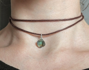 Baumwollkette roher Labradorit Halskette Choker Baumwollkordel mehrreihige Kette Draht umwickelt gold gefüllt Kette Edelstein handgemacht