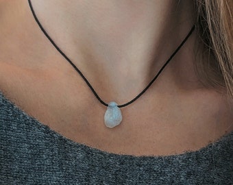 Raw moonstone necklace boho choker moonstone pendant minimalist healing stone necklace cotton necklace gemstone choker crystal necklace gift