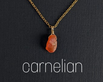 Natural Raw Carnelian Necklace with Wire Wrapped Stainless Steel Chain Gold Plated July Birthstone Gift for Her Boho Jewelry