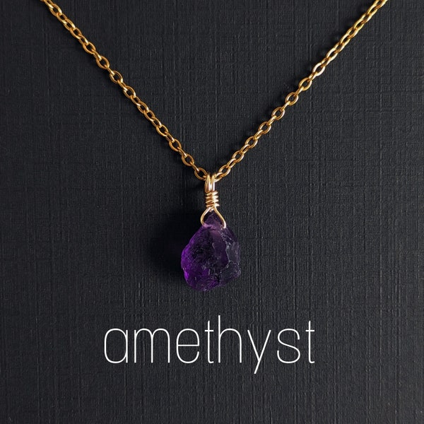 Natural raw amethyst necklace with wire wrapped stainless steel chain gold or silver February birthstone gift for her