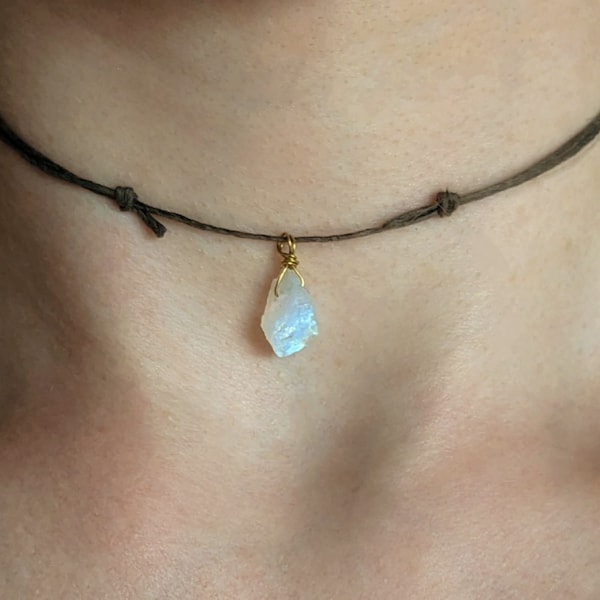 Hemp chain natural raw moonstone choker necklace minimalist rainbow moonstone chain gold filled birthstone chain brass