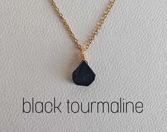 Raw black tourmaline necklace gold plated wire gemstone black pendant birthstone natural jewelry tourmaline protection necklace