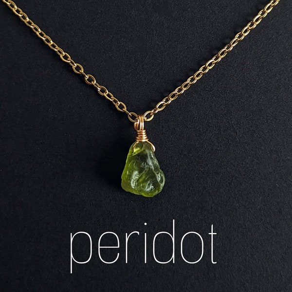 Natural raw peridot necklace silver or gold plated wire wrapped gemstone pendant birthstone August peridot chain