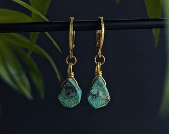 Brass hoop earrings raw African turquoise pendant wire wrapped hippie jewelry natural huggies brass gold raw gemstone jewelry