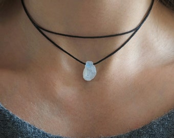 Katoenen ketting rauwe maansteen ketting boho choker minimalistische dubbele rij ketting Juni geboortesteen minimalistische ketting meerrijige hippie