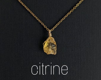 Raw citrine necklace gold or 925 silver wire wrapped stainless steel chain gold plated birthstone November necklace gift for her