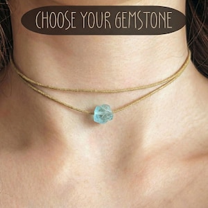 Raw gemstone necklace, double strand, cotton crystal choker, raw stone necklace, multi-strand gemstone necklace, aquamarine jewelry, raw pendant