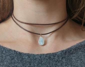 Cotton chain natural raw moonstone choker multi row necklace gold filled rainbow moonstone chain minimalist jewelry boho