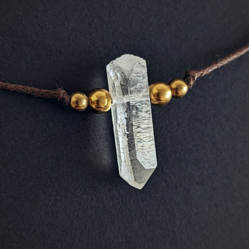 Raw rock crystal necklace with brass beads gemstone choker boho necklace rock crystal point pendant healing stone cotton necklace crystal necklace image 8