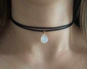 Raw moonstone necklace, rainbow moonstone choker, leather cotton cord, multi-strand gemstone necklace, moonstone pendant, drop, gold or silver