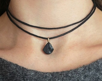 Raw black tourmaline necklace with cotton cord multi-row gemstone boho necklace black tourmaline pendant gold filled or 925 silver