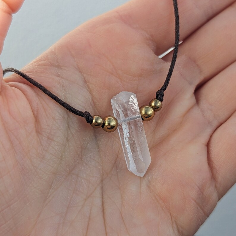 Raw rock crystal necklace with brass beads gemstone choker boho necklace rock crystal point pendant healing stone cotton necklace crystal necklace image 4