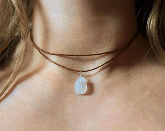 Collar de piedra lunar en bruto, doble hilera, gargantilla de piedra lunar arcoíris, joyería de piedra lunar, cordón de algodón, colgante de collar de piedras preciosas, collar de piedra lunar