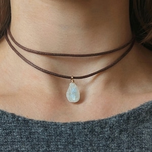 Raw Moonstone Choker Leather or Cotton Multi-row Necklace Gold Filled Rainbow Moonstone Chain Leather Cord Gemstone Wrap Necklace