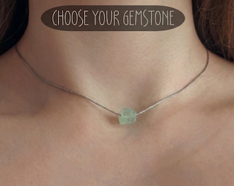 Rå fluorit choker, vattentätt halsband i rostfritt stål, kristallhalsband, naturliga smycken, ädelstenshalsband, fluorithalsband, ädelsten i guld eller silver