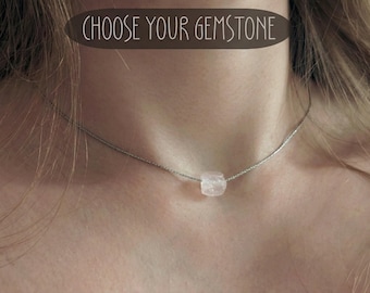 Gargantilla de cuarzo rosa en bruto, collar de acero inoxidable resistente al agua, collar de cristal, collar de filigrana, collar de piedras preciosas, collar de cuarzo rosa, collar de piedras preciosas