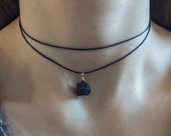 Raw black spinel necklace multi-row cotton cord black spinel choker gemstone chain pendant black spinel chain crystal